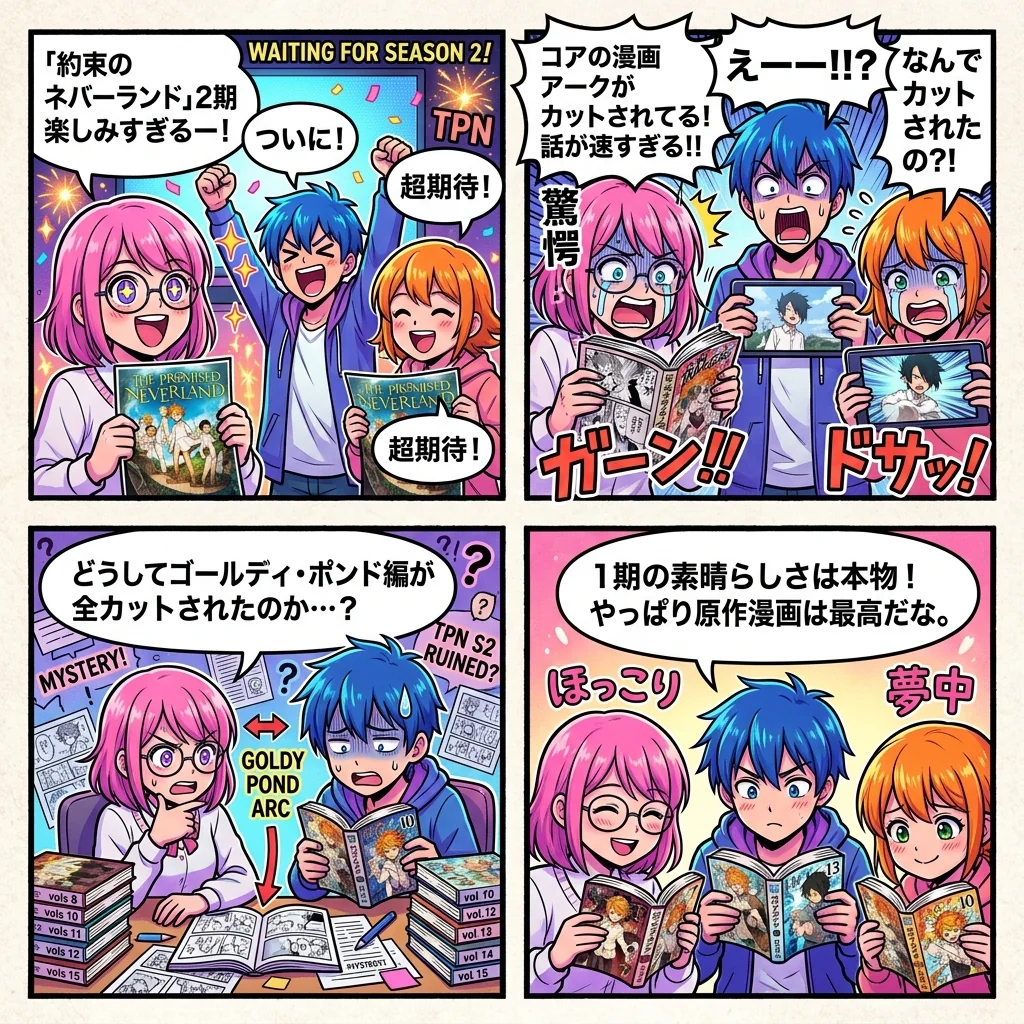 約束のネバーランドのアニメ評判と改変の歴史を解説する4コマ漫画
