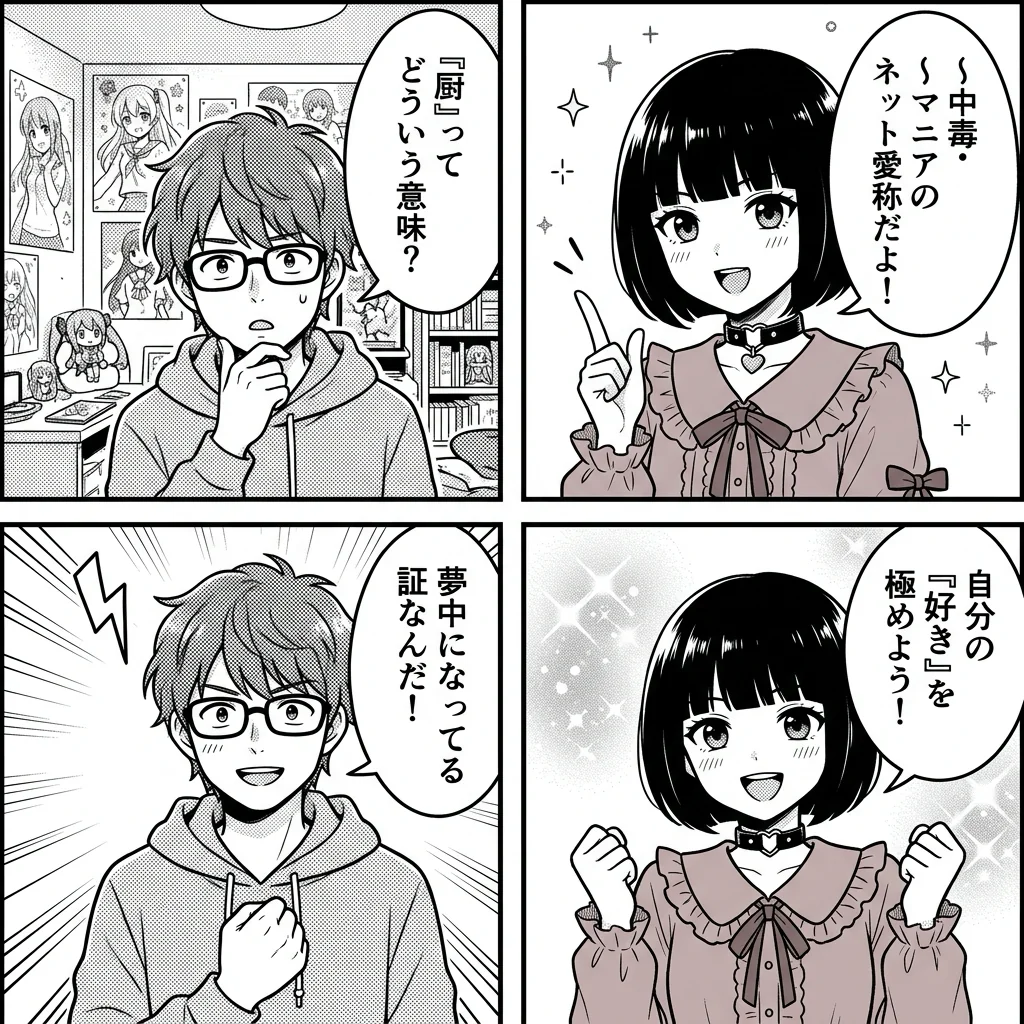 『厨（ちゅう）』の意味と歴史を描いた4コマ漫画