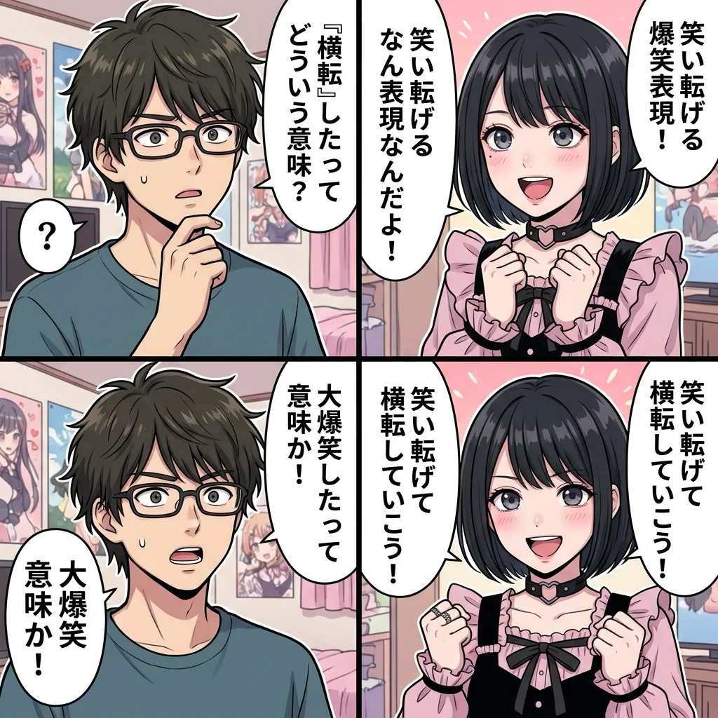 横転の意味を解説する4コマ漫画