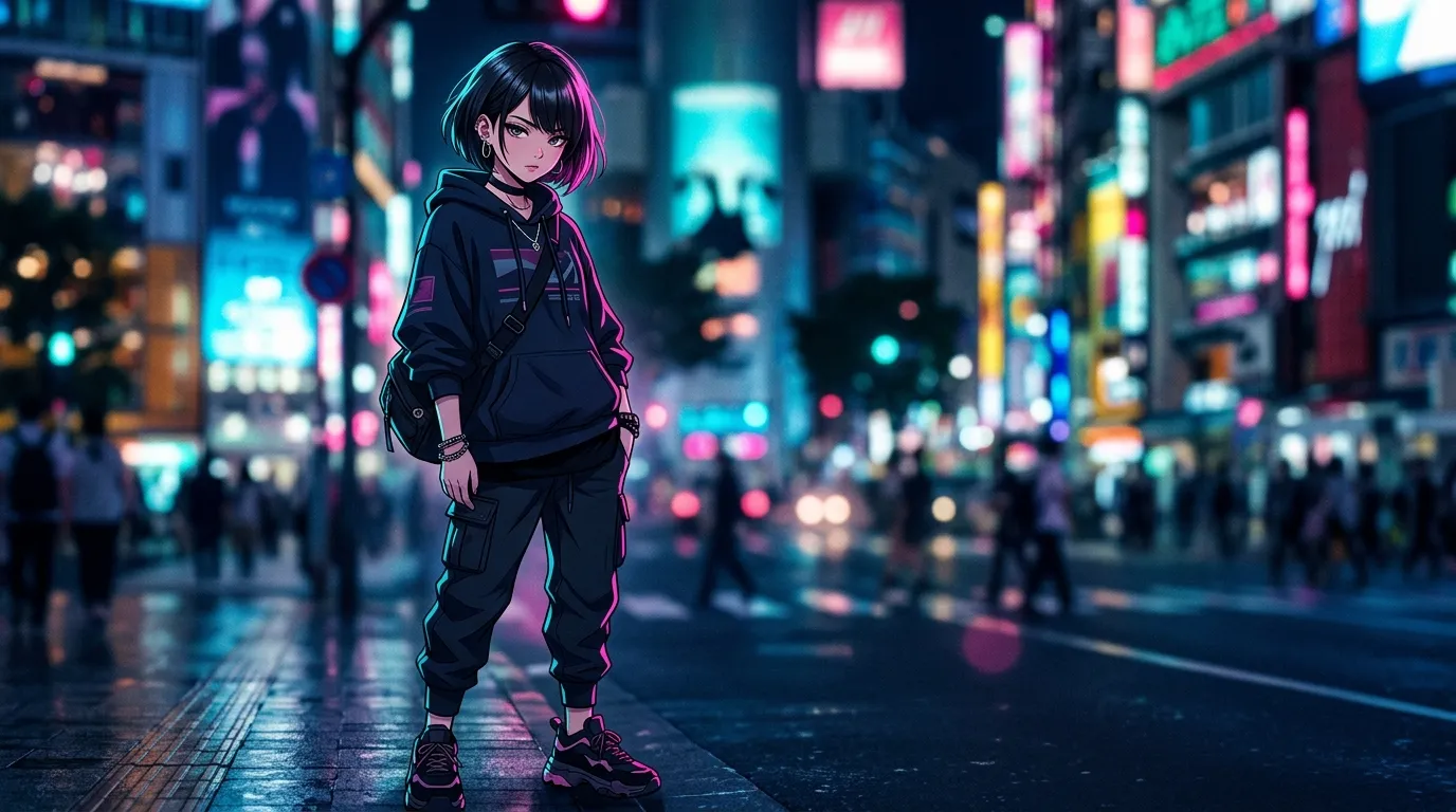 背景のボケた街並みと女の子のイラスト