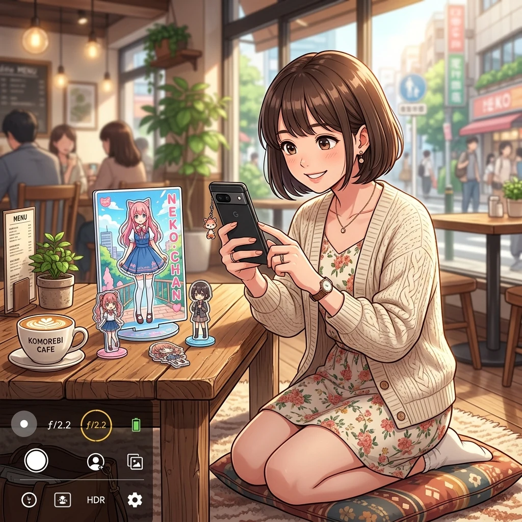 スマホで設定を調整しながら撮影する女の子のイラスト