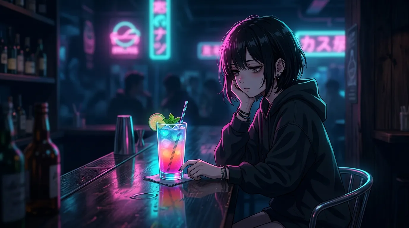 ネオンに照らされたコンカフェのカラフルなドリンクとアンニュイな女の子