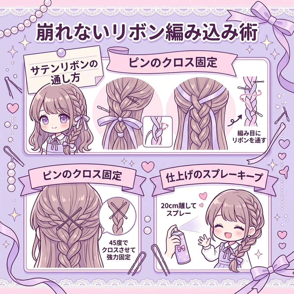 崩れないリボン編み込み術とピンのクロス固定テクニック図解