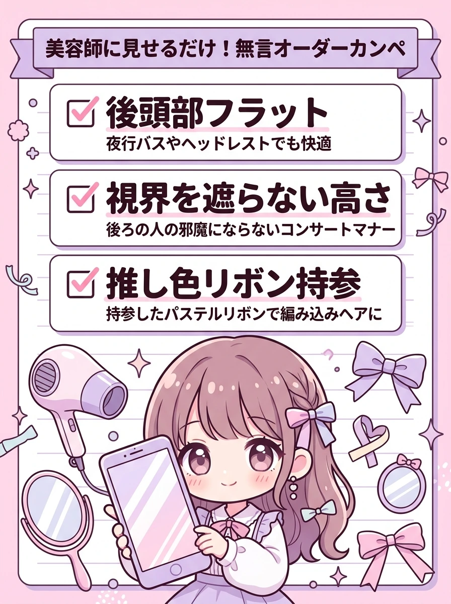 美容師に見せるだけ！サロン無言オーダーカンペ図解（後頭部フラット・視界妨害なし・推し色リボン持参）