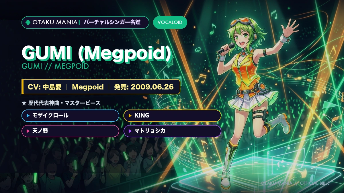 ãGUMIïŒMegpoidïŒãå
¬åŒèšå®ã»å£°åª(äžå³¶æ)ãšæŽä»£ç¥æ²ã»æŽå²å€§å³é