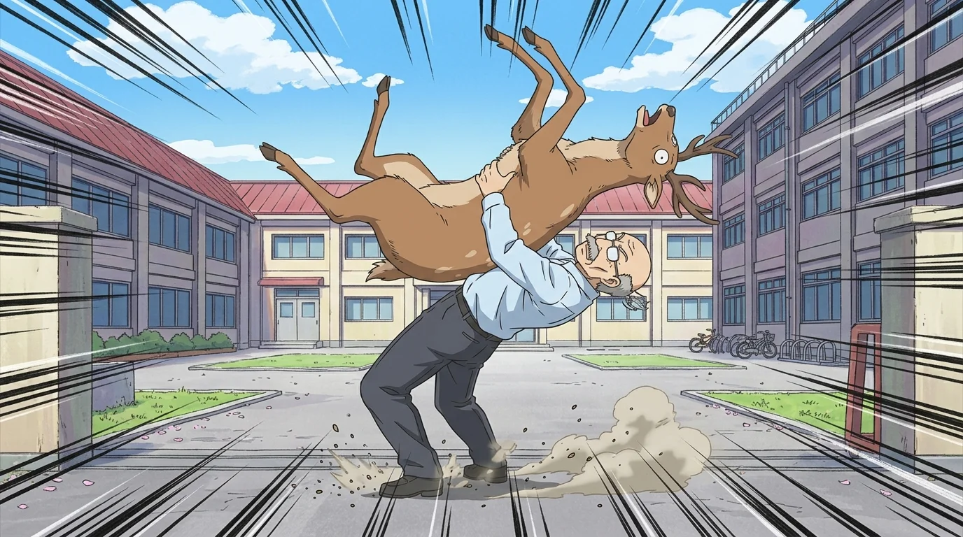 日常1話の校長先生と鹿のプロレスが神作画すぎる！京アニの狂気ギャグの真実