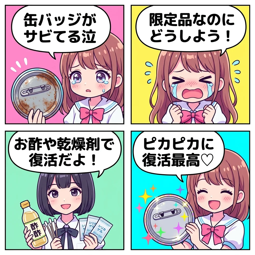 【4コマ漫画】缶バッジの錆び取りと防錆保護