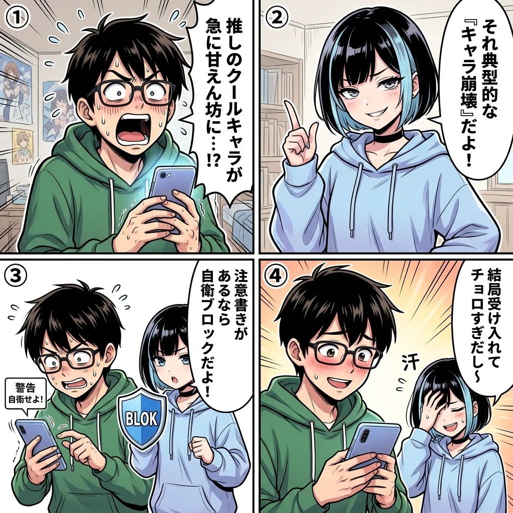 キャラ崩壊とは？二次創作の注意書きと自衛マナー4コマ漫画