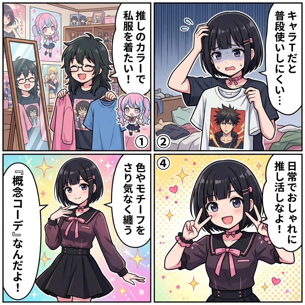 概念コーデの意味とメンカラー別のおしゃれな組み合わせ方4コマ漫画