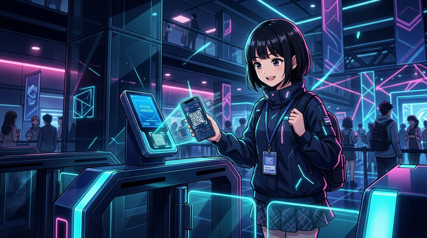 スマホで二次元バーコードのチケットを提示する様子