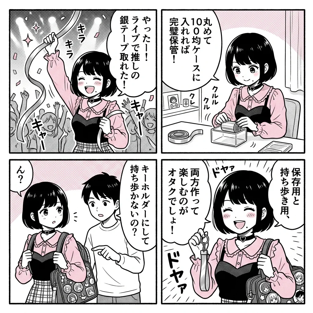 【4コマ漫画】銀テープ収納の罠！100均ケース保管とキーホルダーDIY