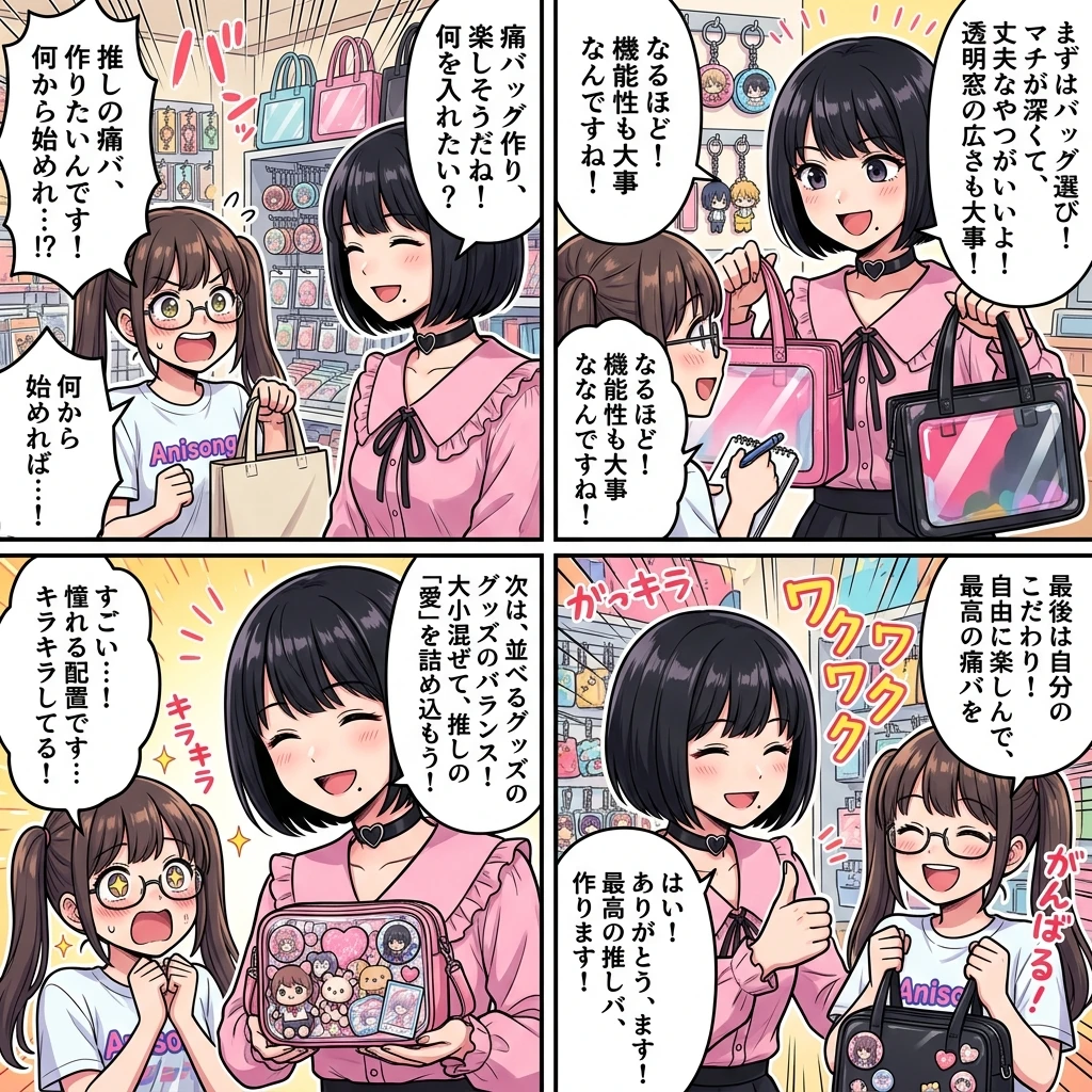 【4コマ漫画】痛バおすすめ選び方！サイズとブランドの決定ポイント